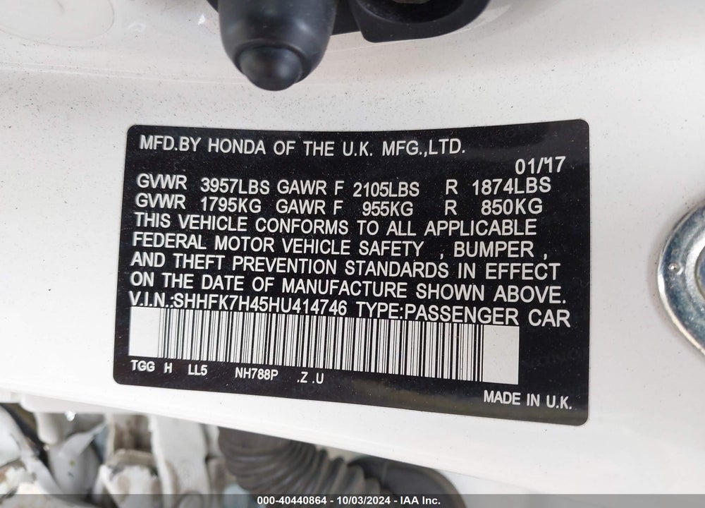 2017 HONDA CIVIC SPORT VIN: SHHFK7H45HU414746
