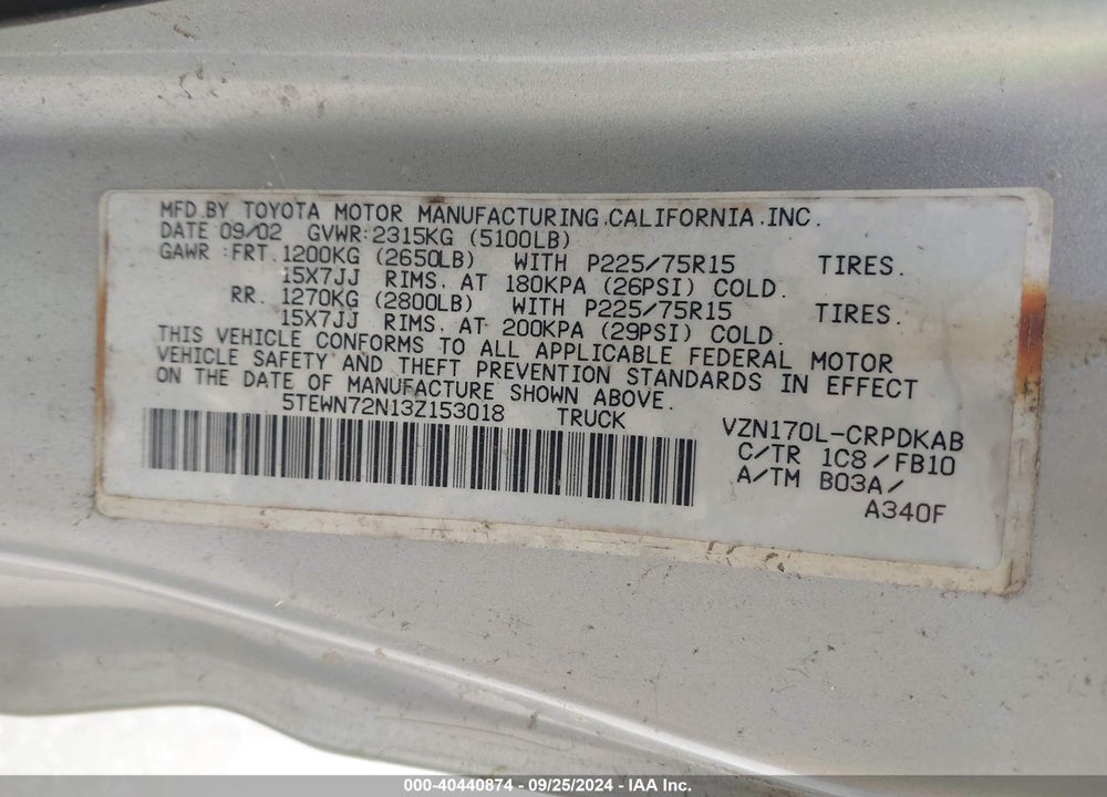 2003 TOYOTA TACOMA BASE V6 VIN: 5TEWN72N13Z153018