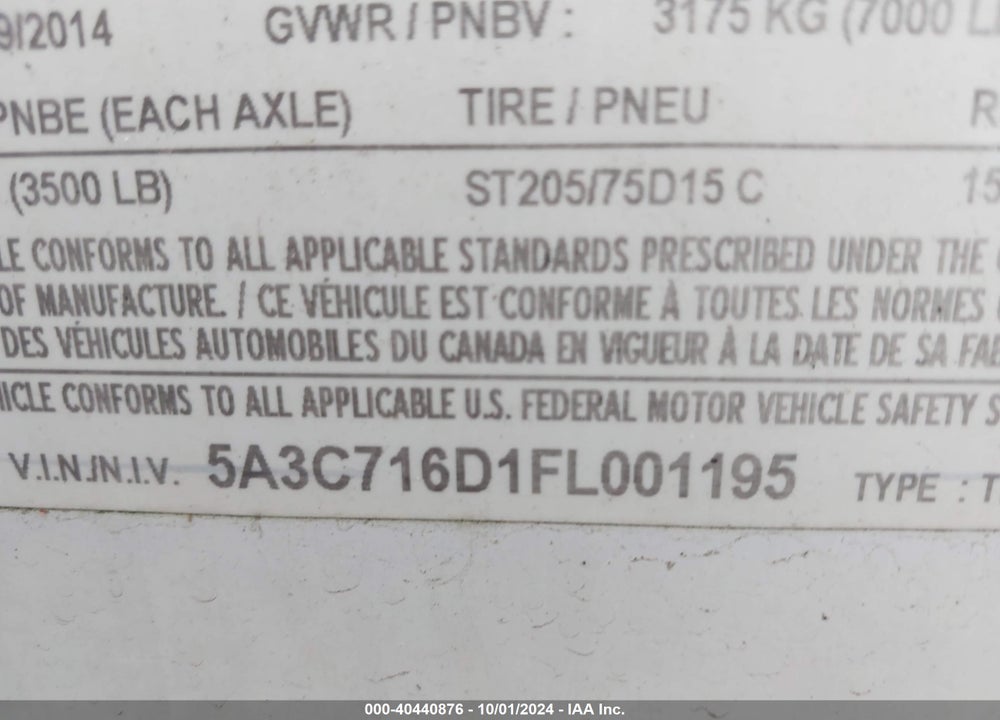 2015 CARMATE SPORTSTER VIN: 5A3C716D1FL001195