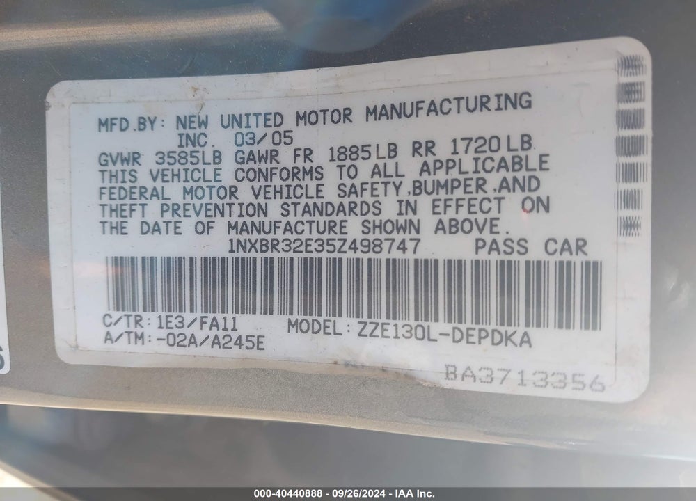 2005 TOYOTA COROLLA CE VIN: 1NXBR32E35Z498747