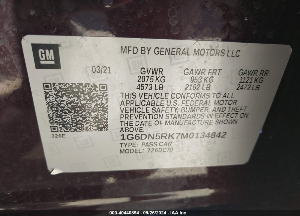 2021 CADILLAC CT5 PREMIUM LUXURY VIN: 1G6DN5RK7M0134842