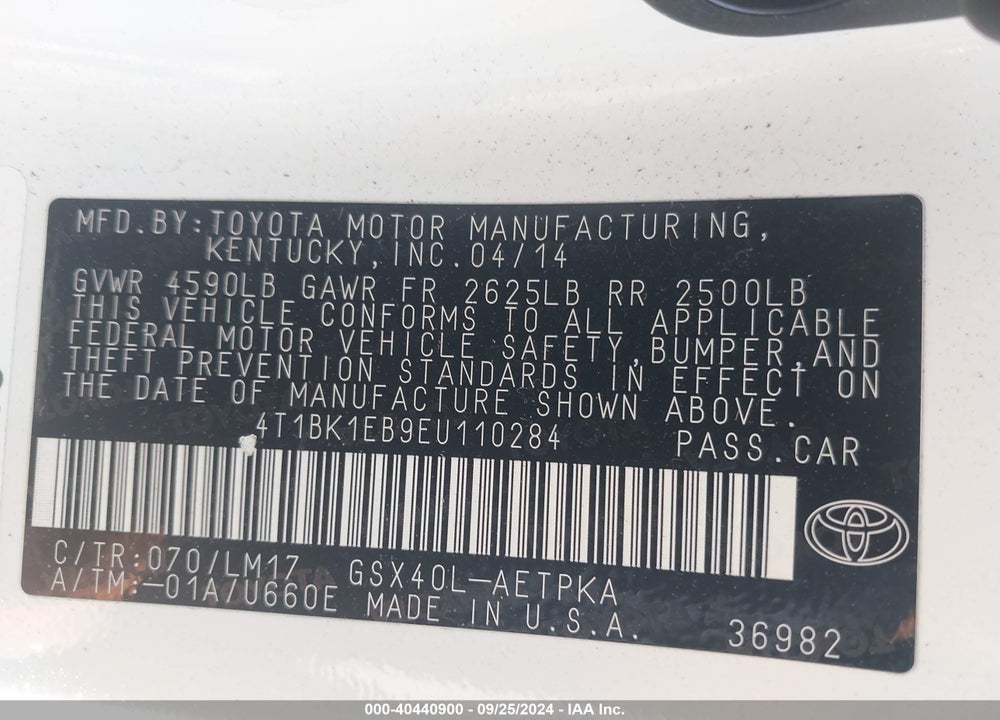 2014 TOYOTA AVALON LIMITED VIN: 4T1BK1EB9EU110284