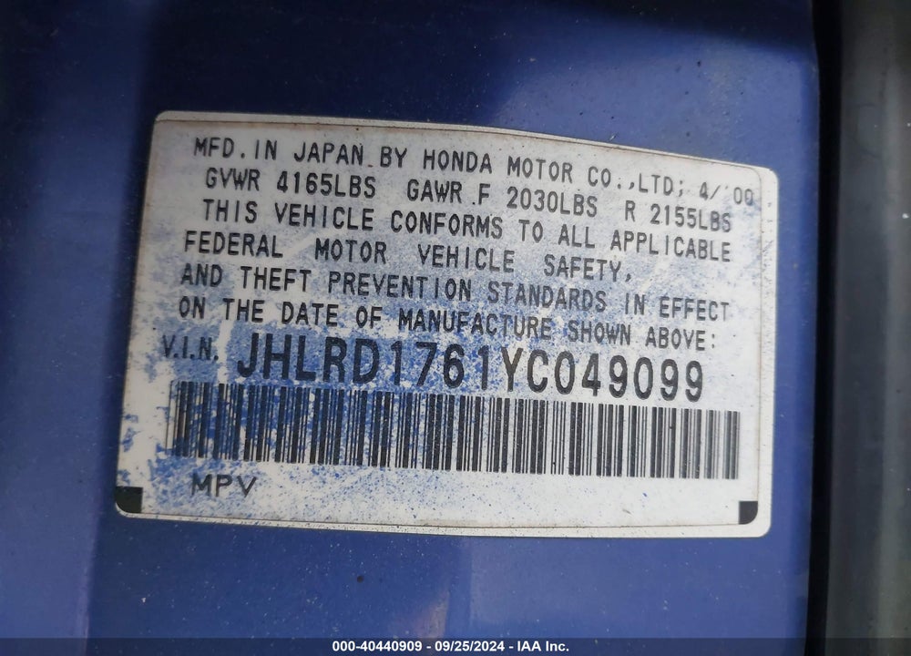 2000 HONDA CR-V EX VIN: JHLRD1761YC049099