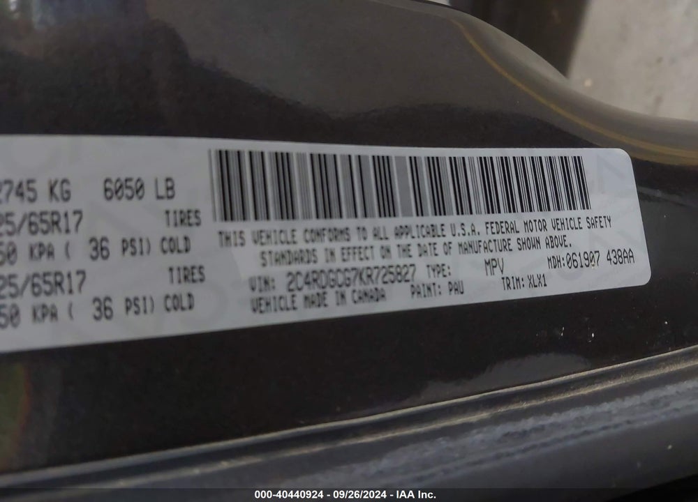 2019 DODGE GRAND CARAVAN SXT VIN: 2C4RDGCG7KR725827
