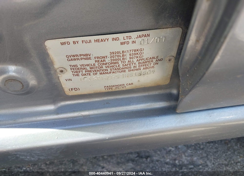 2007 SUBARU IMPREZA 2.5I VIN: JF1GD61657H518504