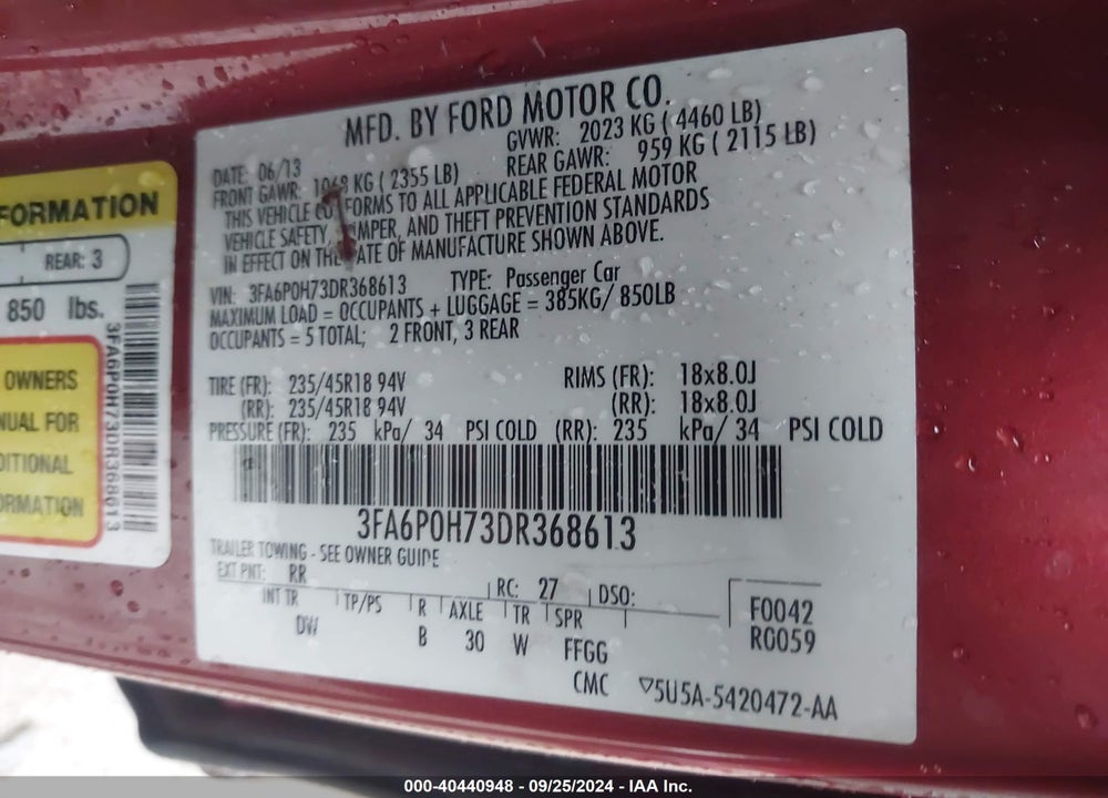 2013 FORD FUSION SE VIN: 3FA6P0H73DR368613