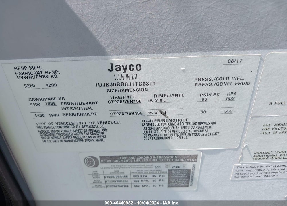 2018 JAYCO 28B VIN: 1UJBJ0BR0J1TC0301