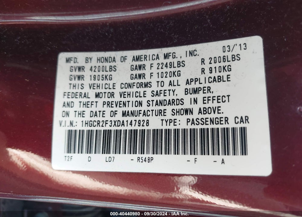 2013 HONDA ACCORD LX VIN: 1HGCR2F3XDA147928