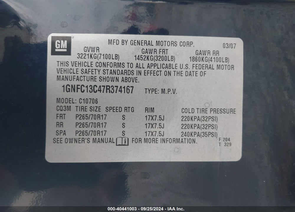 2007 CHEVROLET TAHOE LS VIN: 1GNFC13C47R374167