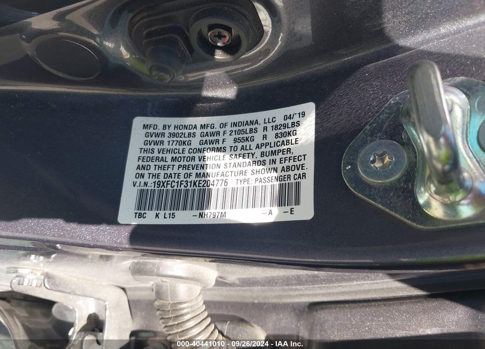 2019 HONDA CIVIC EX VIN: 19XFC1F31KE204776