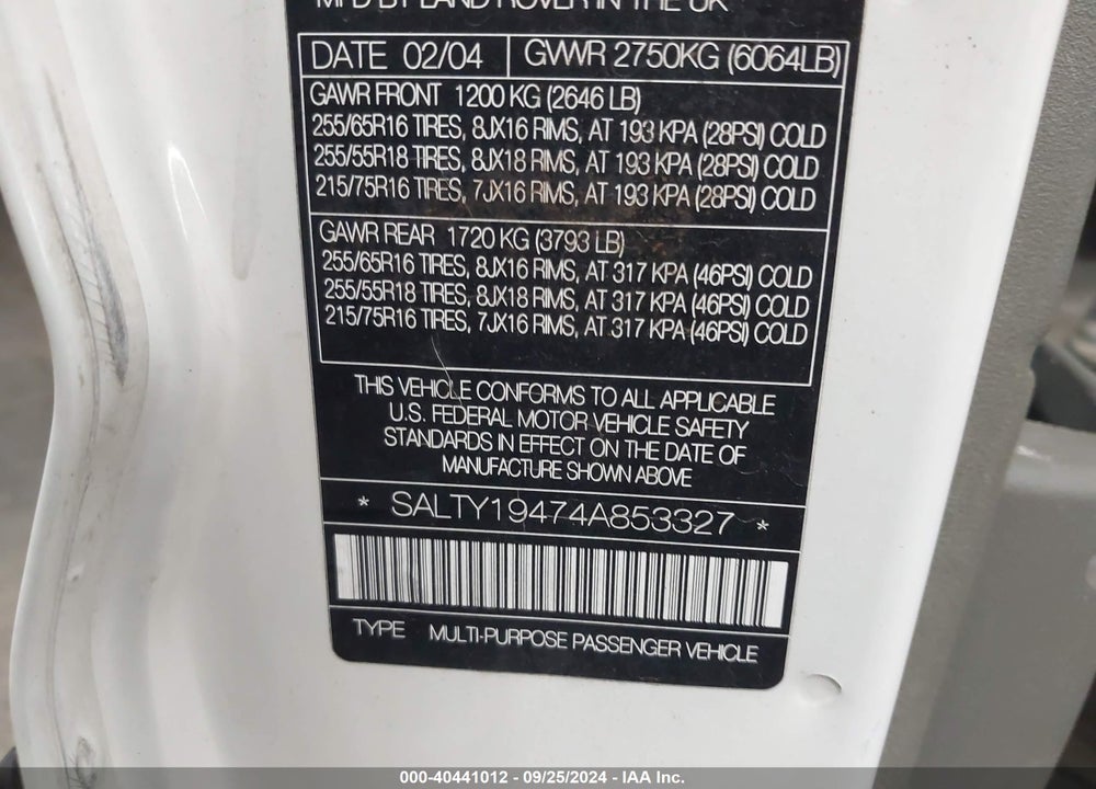 2004 LAND ROVER DISCOVERY SE VIN: SALTY19474A853327