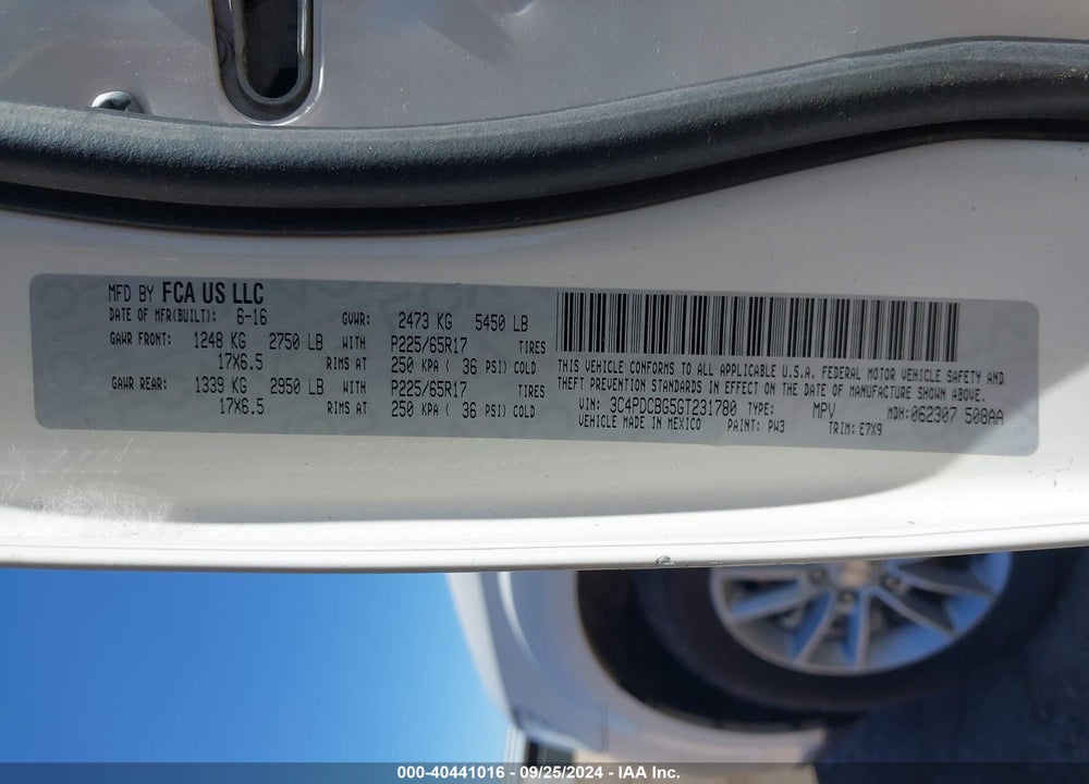 2016 DODGE JOURNEY SXT VIN: 3C4PDCBG5GT231780