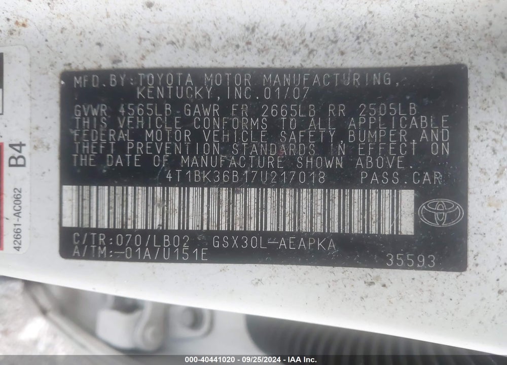 2007 TOYOTA AVALON LIMITED VIN: 4T1BK36B17U217018