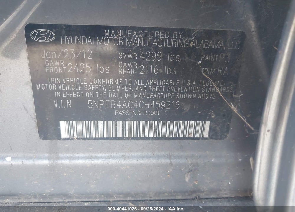 2012 HYUNDAI SONATA GLS VIN: 5NPEB4AC4CH459216