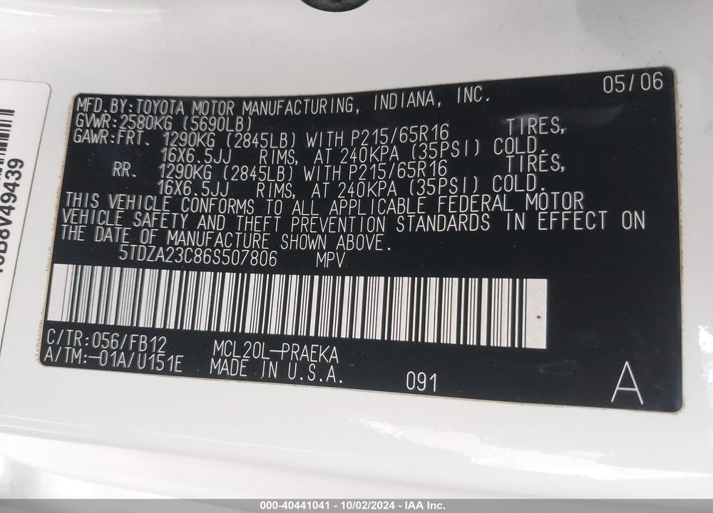 2006 TOYOTA SIENNA CE VIN: 5TDZA23C86S507806