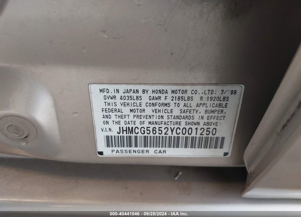 2000 HONDA ACCORD 2.3 EX VIN: JHMCG5652YC001250