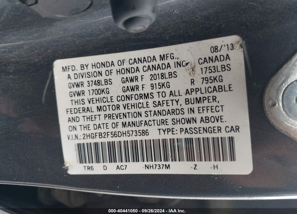 2013 HONDA CIVIC VIN: 2HGFB2F56DH573586