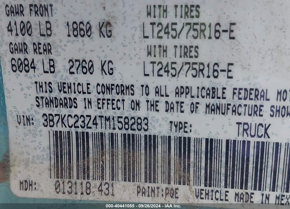 1996 DODGE RAM 2500 VIN: 3B7KC23Z4TM158283