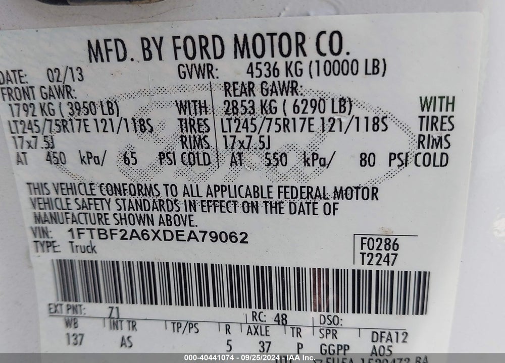 2013 FORD F-250 XL VIN: 1FTBF2A6XDEA79062