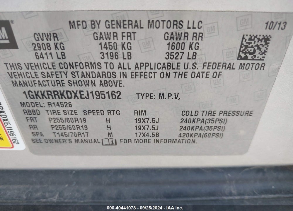 2014 GMC ACADIA SLT-1 VIN: 1GKKRRKDXEJ195162