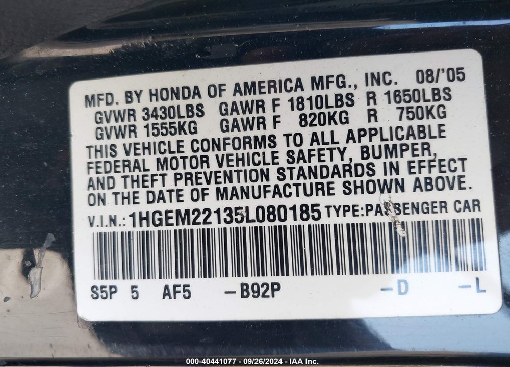 2005 HONDA CIVIC VP VIN: 1HGEM22135L080185