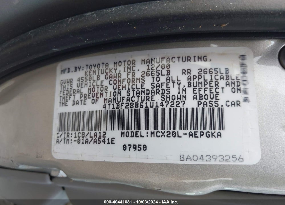 2001 TOYOTA AVALON XLS VIN: 4T1BF28B61U147227