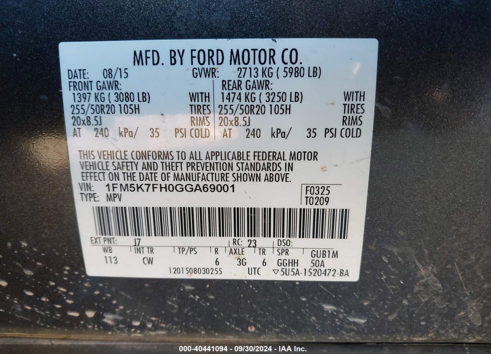 2016 FORD EXPLORER LIMITED VIN: 1FM5K7FH0GGA69001