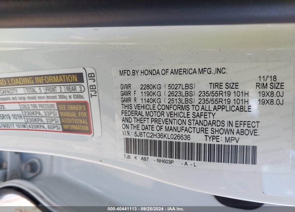 2019 ACURA RDX STANDARD VIN: 5J8TC2H36KL026636