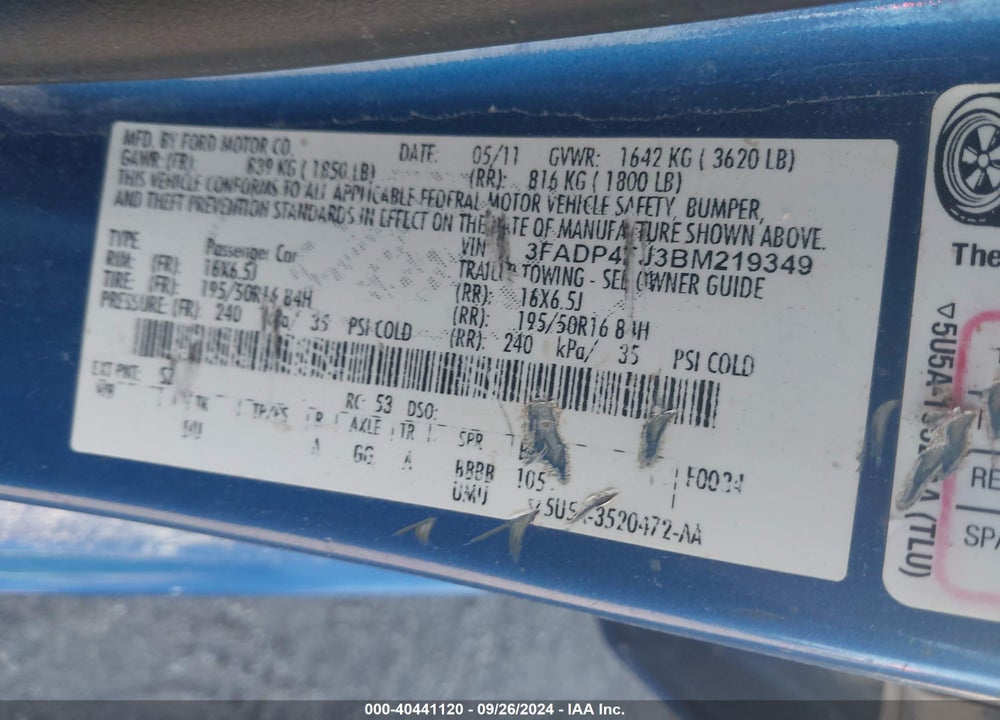 2011 FORD FIESTA SES VIN: 3FADP4FJ3BM219349