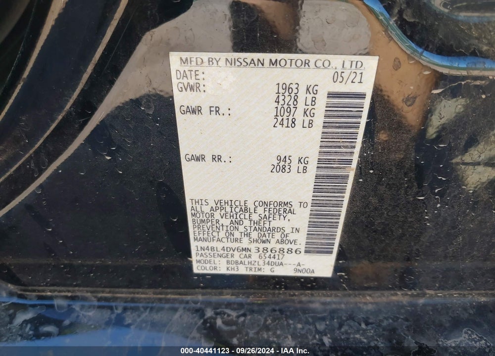 2021 NISSAN ALTIMA SV FWD VIN: 1N4BL4DV6MN386886