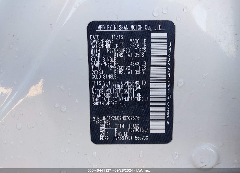 2017 NISSAN ARMADA PLATINUM VIN: JN8AY2NE9H9702875