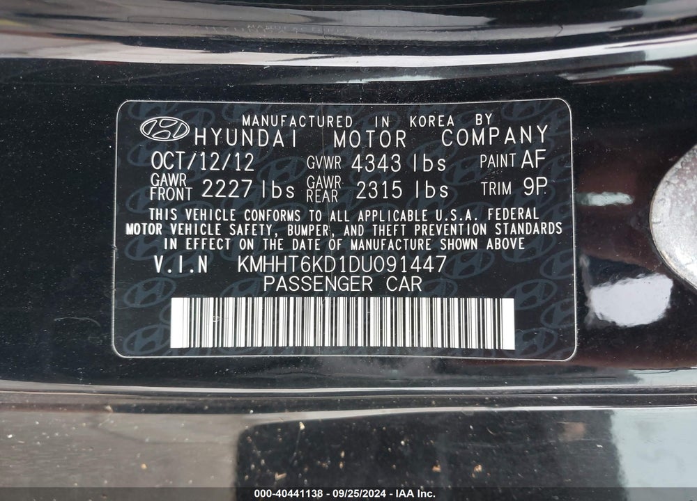 2013 HYUNDAI GENESIS 2.0T VIN: KMHHT6KD1DU091447