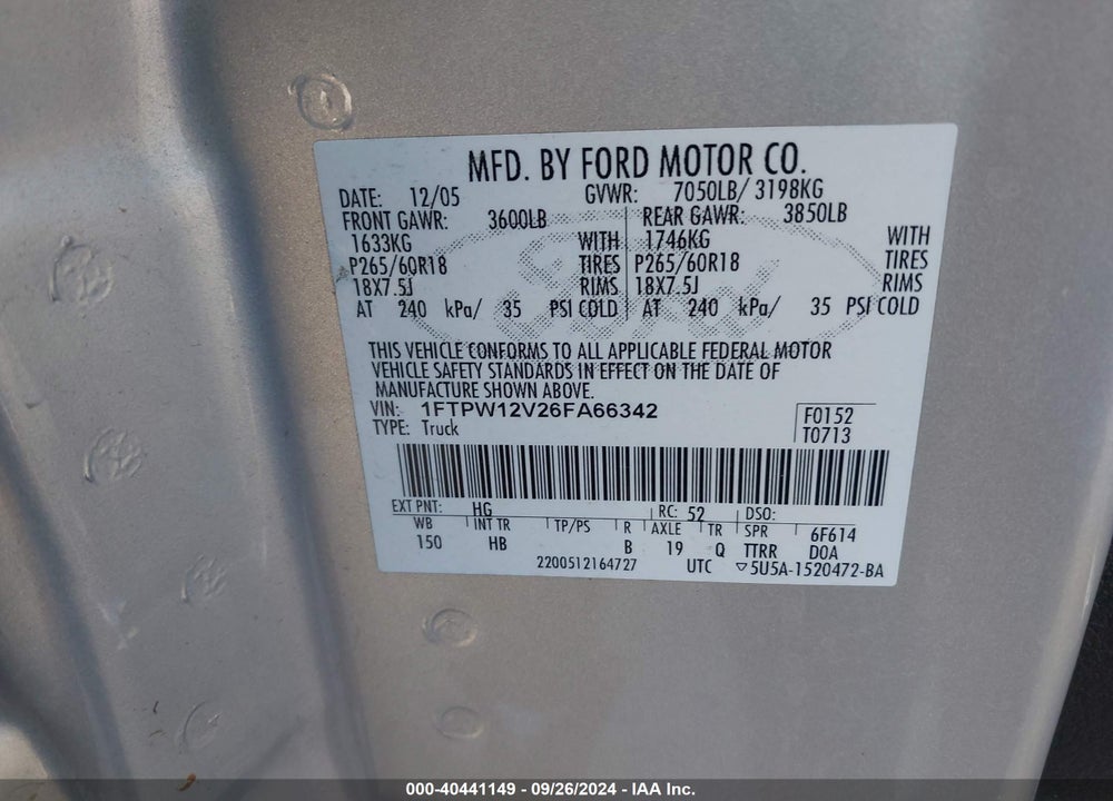 2006 FORD F-150 LARIAT/XLT VIN: 1FTPW12V26FA66342