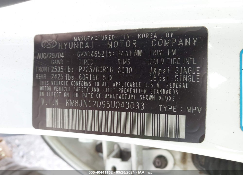 2005 HYUNDAI TUCSON GLS/LX VIN: KM8JN12D95U043033