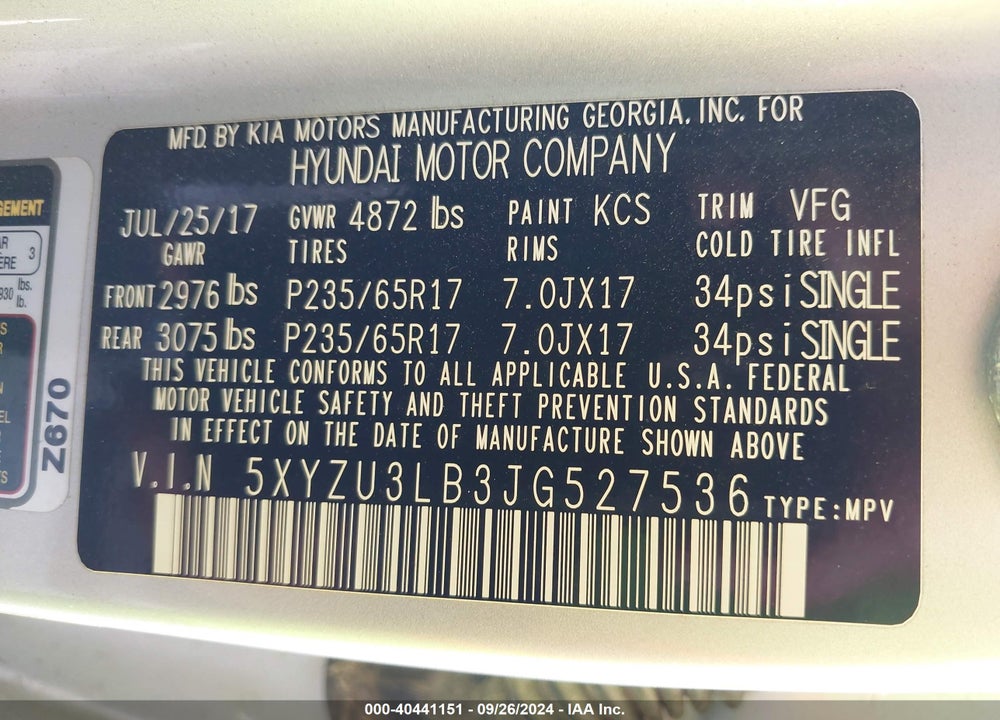 2018 HYUNDAI SANTA FE SPORT 2.4L VIN: 5XYZU3LB3JG527536