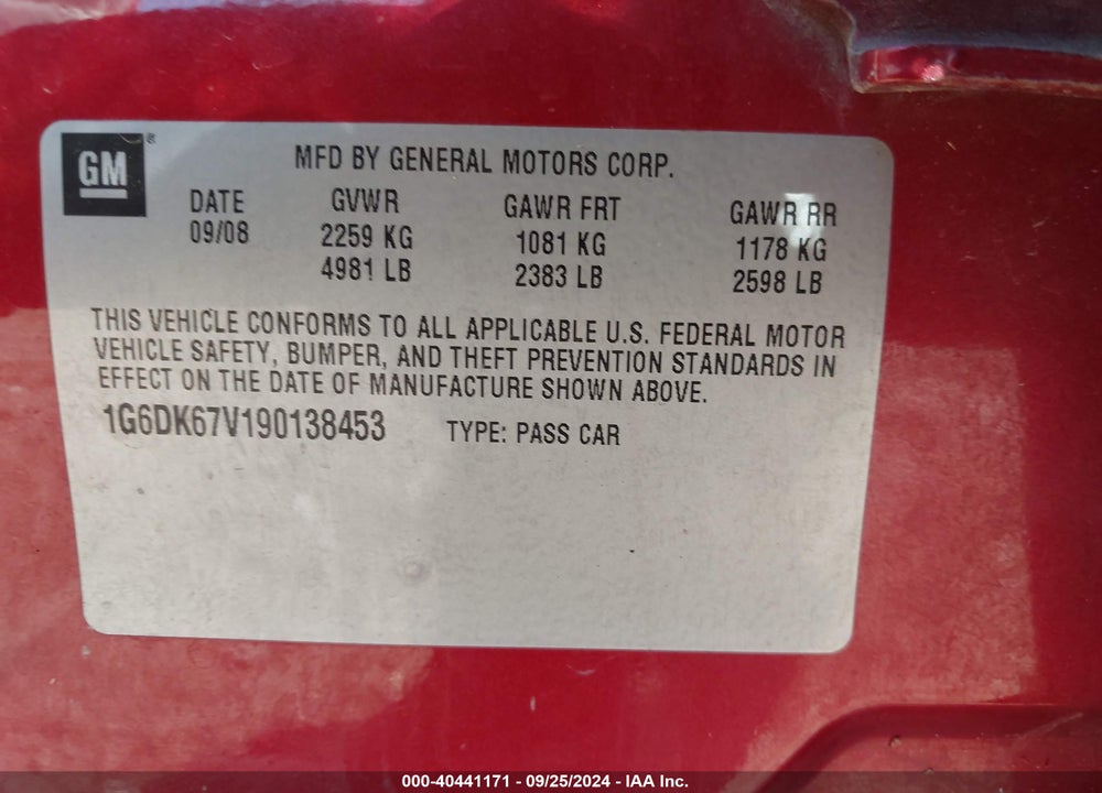 2009 CADILLAC STS V6 VIN: 1G6DK67V190138453
