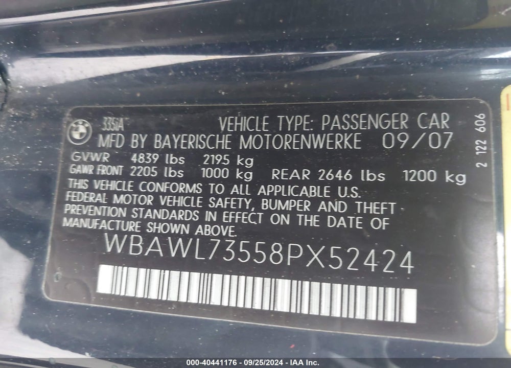 2008 BMW 335I VIN: WBAWL73558PX52424