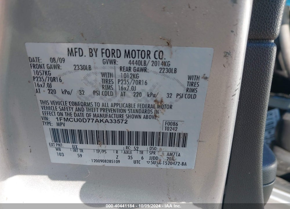 2010 FORD ESCAPE XLT VIN: 1FMCU0D77AKA33572