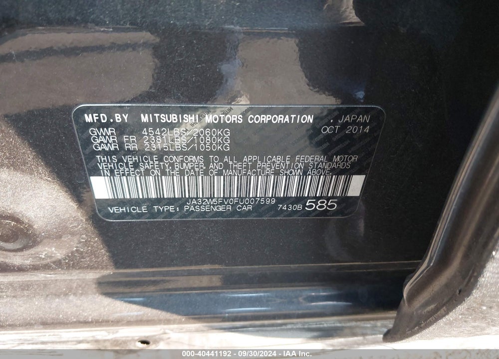 2015 MITSUBISHI LANCER EVOLUTION MR VIN: JA32W5FV0FU007599