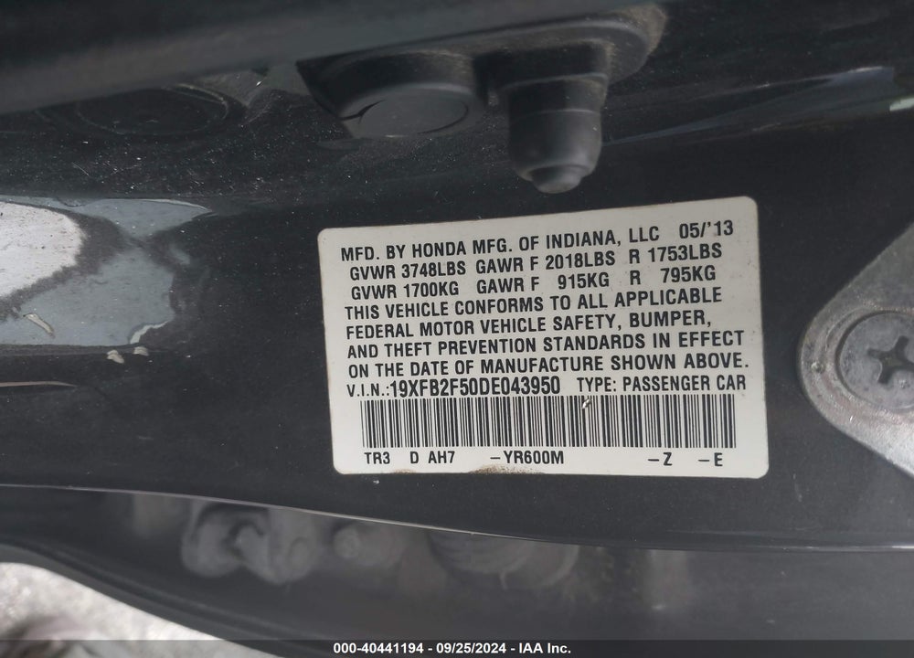 2013 HONDA CIVIC LX VIN: 19XFB2F50DE043950