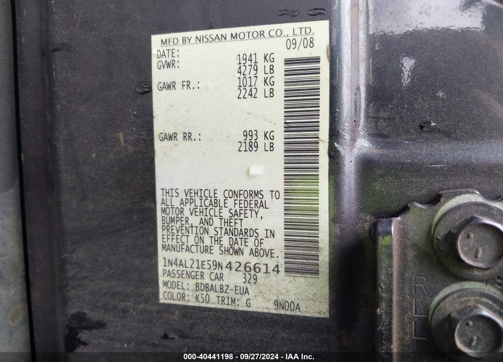 2009 NISSAN ALTIMA 2.5 S VIN: 1N4AL21E59N426614