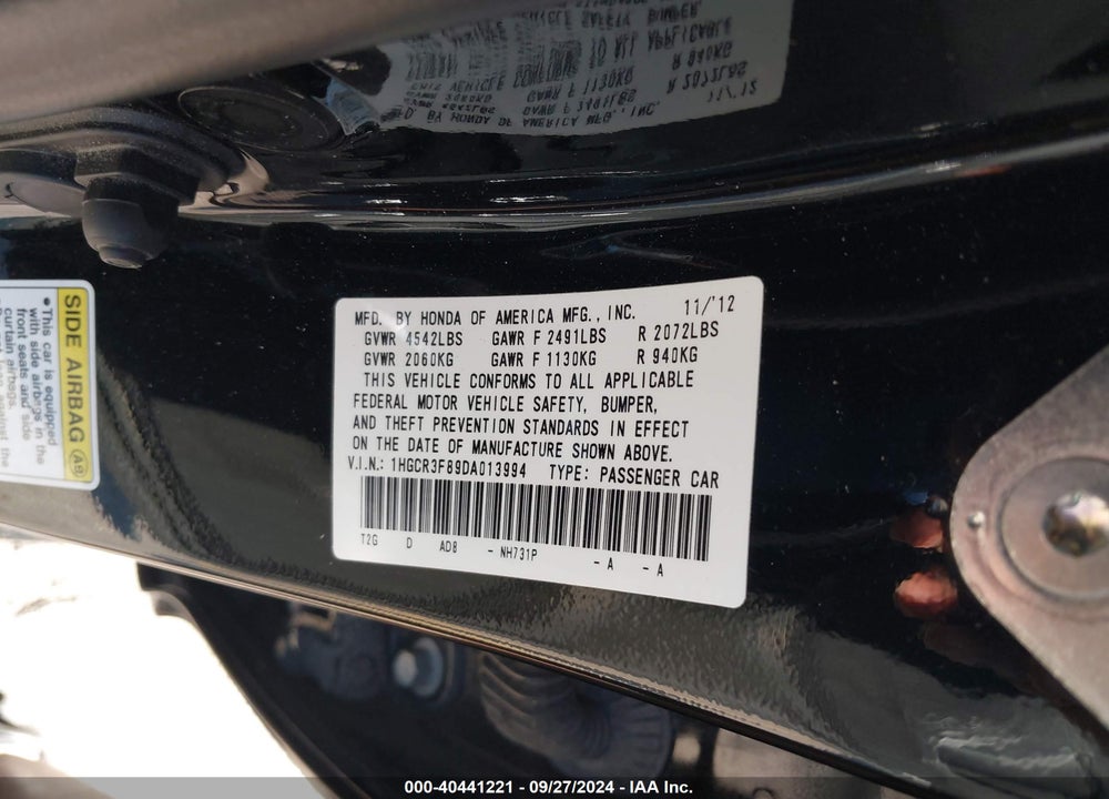 2013 HONDA ACCORD EX-L V-6 VIN: 1HGCR3F89DA013994