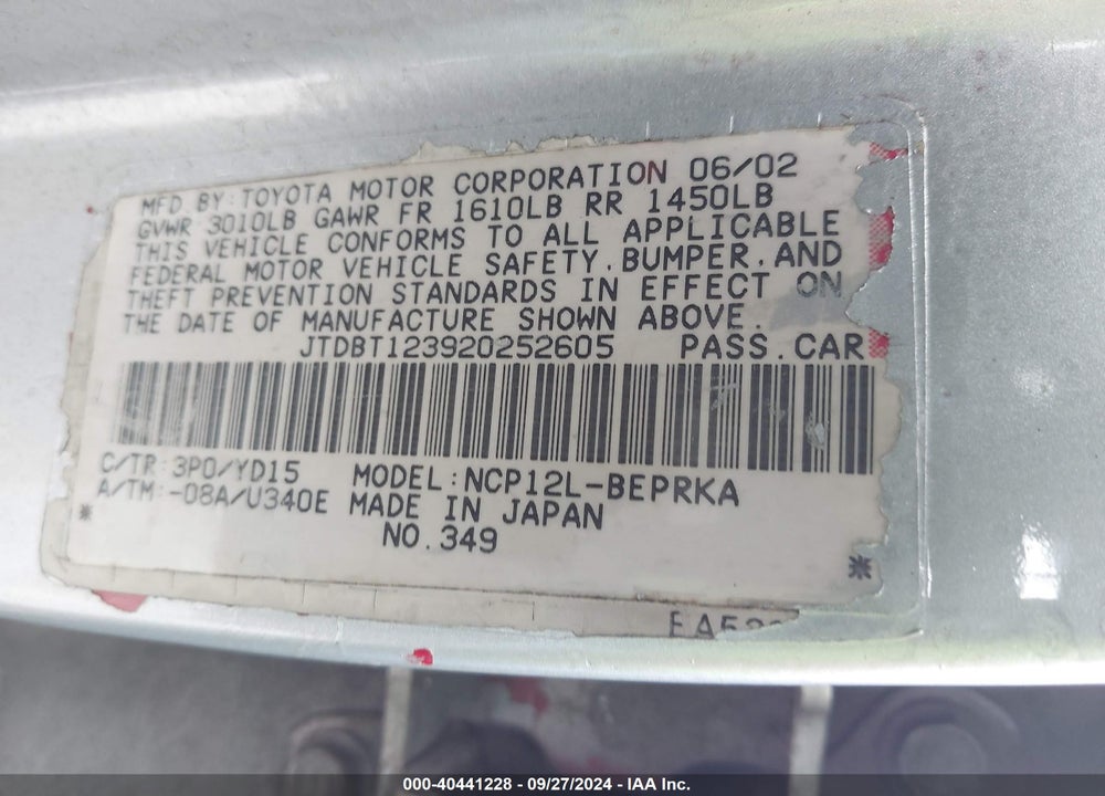2002 TOYOTA ECHO VIN: JTDBT123920252605