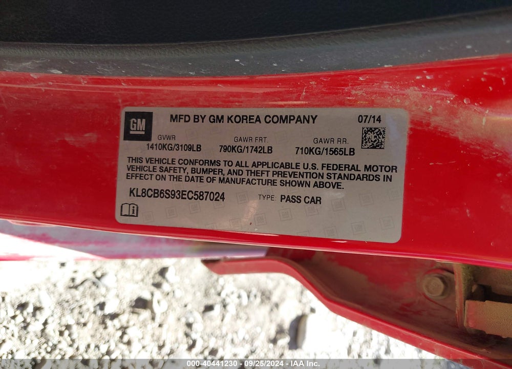 2014 CHEVROLET SPARK LS AUTO VIN: KL8CB6S93EC587024