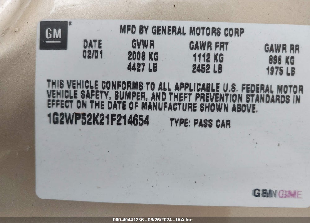 2001 PONTIAC GRAND PRIX GT VIN: 1G2WP52K21F214654