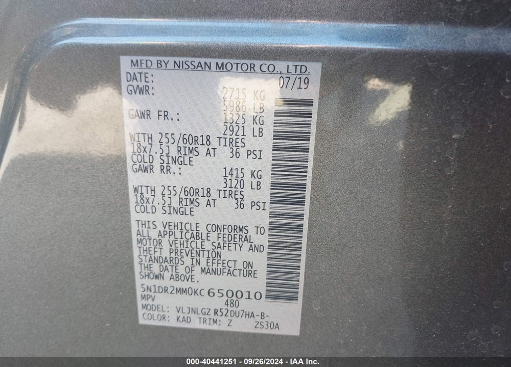 2019 NISSAN PATHFINDER SL VIN: 5N1DR2MM0KC650010