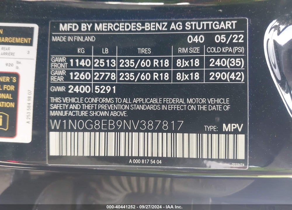 2022 MERCEDES-BENZ GLC 300 4MATIC SUV VIN: W1N0G8EB9NV387817