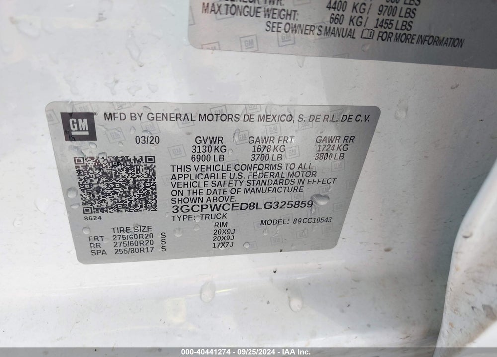 2020 CHEVROLET SILVERADO 1500 2WD SHORT BED LT VIN: 3GCPWCED8LG325859