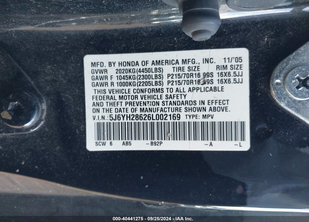 2006 HONDA ELEMENT EX VIN: 5J6YH28626L002169