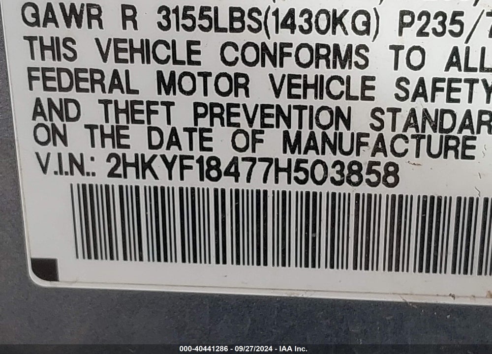 2007 HONDA PILOT EX VIN: 2HKYF18477H503858
